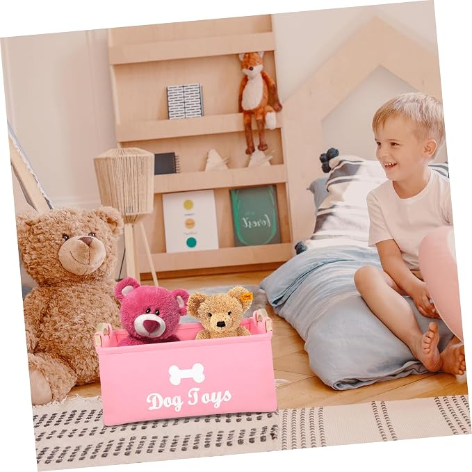 Alipis Pink Felt Pet Organizer Box with Handle Large Square Storage Bin for Dog Pet Clothes and Food Portable and Decorative Household Basket