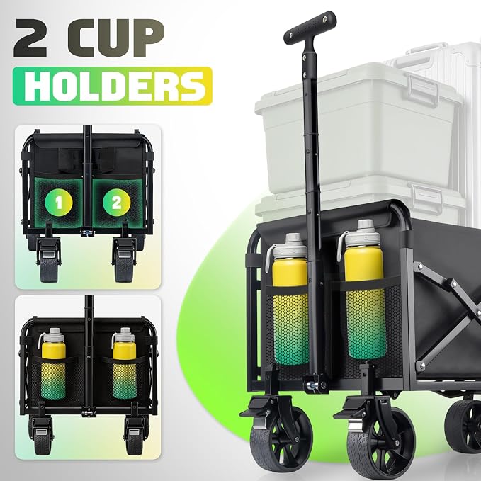 360LBS Collapsible Wagon Cart Foldable Heavy Duty, Shopping Cart with Brake | Folding Wagon with 360ยฐSwivel Wheels, Portable Utility Cart with 2 Cup Holders, Grocery/Beach/Camping/Garden/Sports