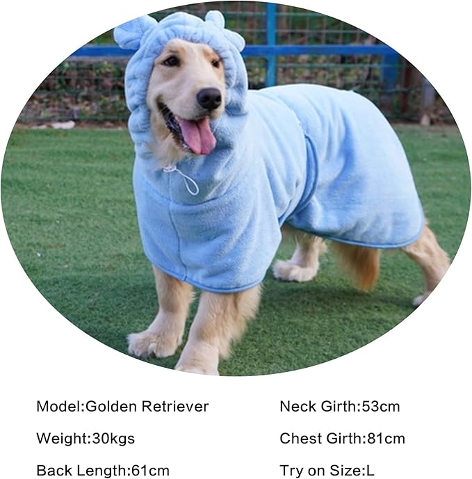 Pet Bathrobe for Dog Cat Absorbently Quick Drying Coat Cute Dogs Bath Towel Hooded Robe Adjustable Collar & Belly Strap for Pool Beach (Blue, X-Small)