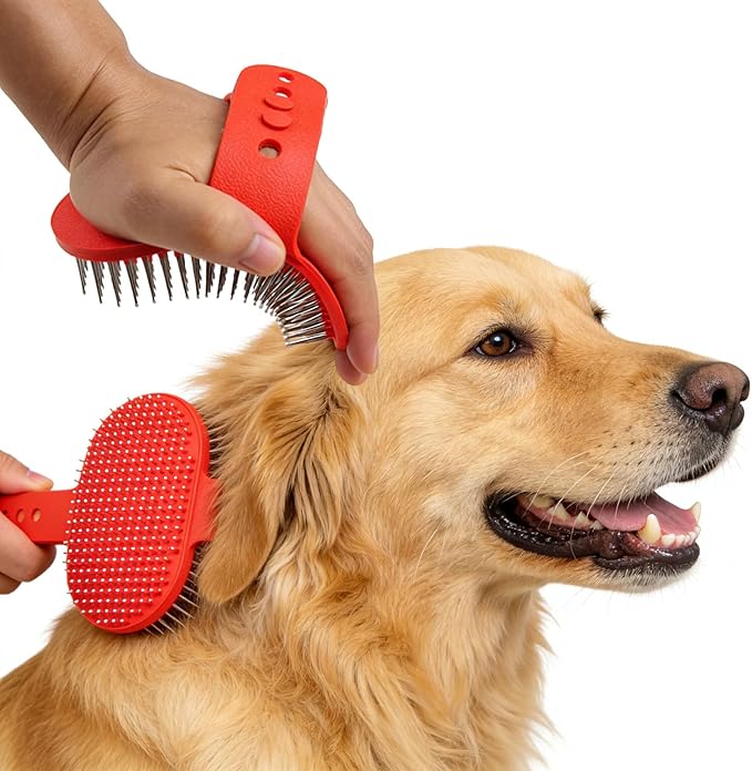 Pet Rubber Grooming Brush Bath Brush Massager with Adjustable Loop Handle Stainless Steel Pin, Random Color