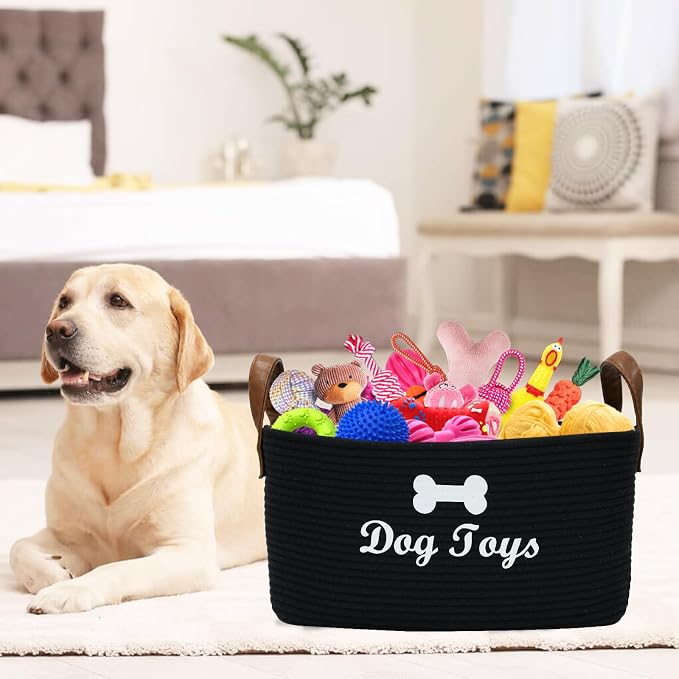 X-Large Cotton Rope Dog Basket with Leather handle Blanket Storage Basket Decorative Clothes Hamper Basket | Extra Large Baskets for Blankets or Laundry-Black