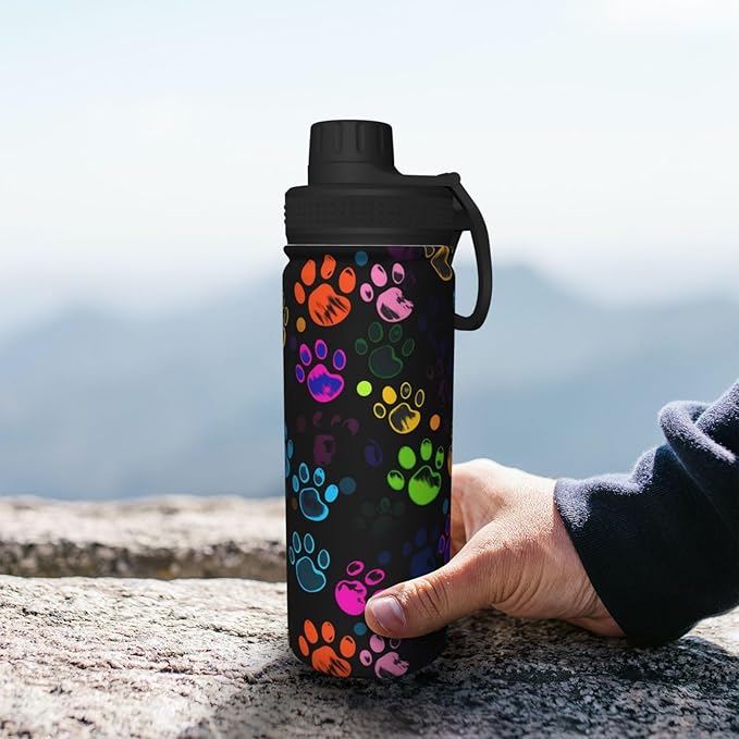 Colorful Dog Paw Print Water Bottle,18oz Sports Insulated Kettle for Cycling Gym Basketball Outdoor, Suitable as a Present