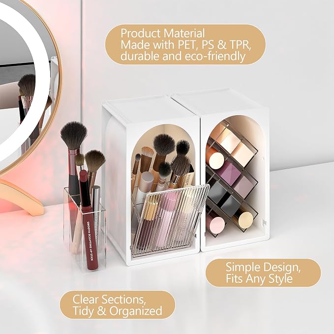 FOLLOWIN Compact Makeup Organizer Set, Bathroom Counter Organizer | Makeup Brush Organizer, Lipstick Holder with Grid, Flip Drawer, Store Lipsticks, Brushes, Milk White