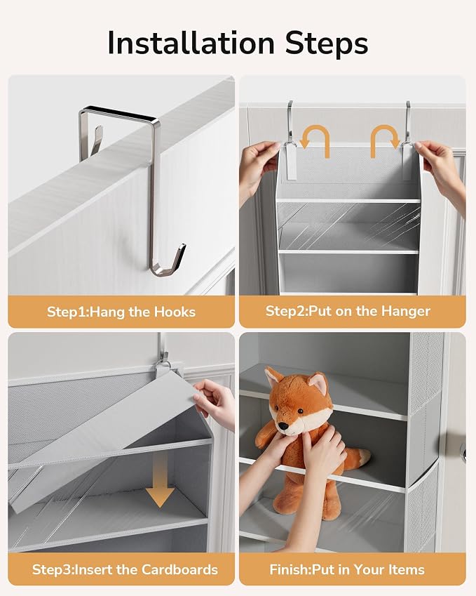 ULG Stuffed Animal Organizer Over the Door, Large Hanging Plush Toy Storage with Mesh Window, Cotton Kids Toy Organizer for Bedroom, Nursery, Playroom & Baby Items Clear Grey