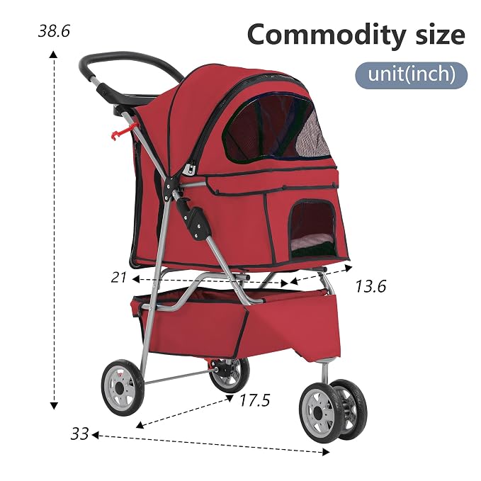FDW Pet Stroller 3-Wheel Durable Foldable Cat Dog Stroller with Washable Liner Storage Basket Cup Holder,Red