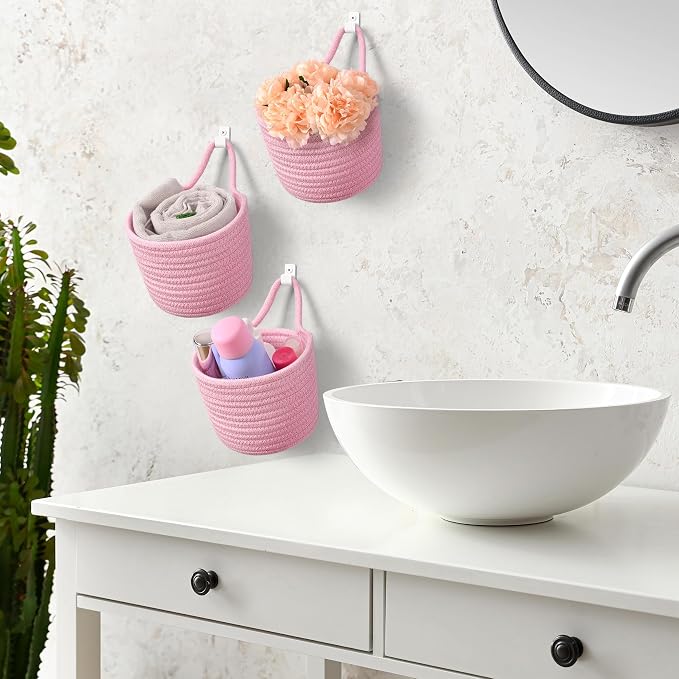 Fabric Wall Hanging Baskets - 3Pack Woven Pouchs Boho Style Wall Mounted Bag with Adhesive Hooks, Storage Organizers and Decoration Pocket Caddy Bins on Door Rack (Bright Pink & White, Large) | Wall Small Bags with Adhesive Hooks, Cotton Rope, Boho Dec...