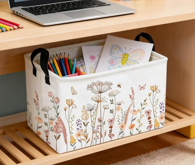Essme Rectangular Flower Basket, Storage Bins Organizer with Handles for Girls Room Decor, Gift Basket,Shelf Basket.(Beautiful Flowers)