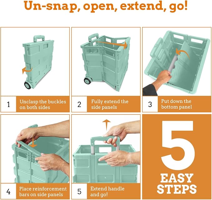 Inspired Living Ultra-Slim Rolling Collapsible Storage Pack-N-Roll Utility-carts, with Telescopic Handle, for Home, Garden, Shopping, Office, School use, Large, Mint