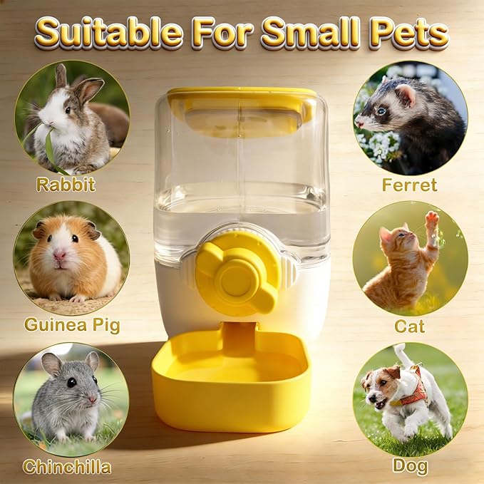 Rabbit Water Bottle, 34oz Pet Hanging Water Dispenser, Cat Water Feeder for Small Animal Ferret Guinea Pig Chinchilla Small Dog Cage Grid Spacing 1.2''-2.1''(Yellow)