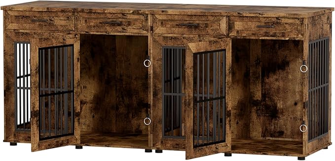 VOWNER 87" Dog Crate Furniture for 2 Dogs, Double Dog Cage Furniture, Brown | Extra Large Wooden Dog Kennel with 4 Drawer, Removable Divider, Furniture-Style TV Stand, XXL Dog Crate for Large Medium Dogs
