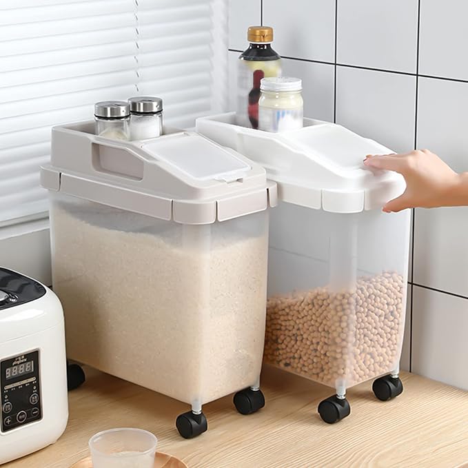 Large Capacity Food Storage Containers with 1 Measuring Cup and 4 Wheels, 20Lb Rice Container, Airtight Dry Storage Bins With Lids for Rice, Cereal, Flour, BPA Free Plastic Sealed Holder Bin Dispenser