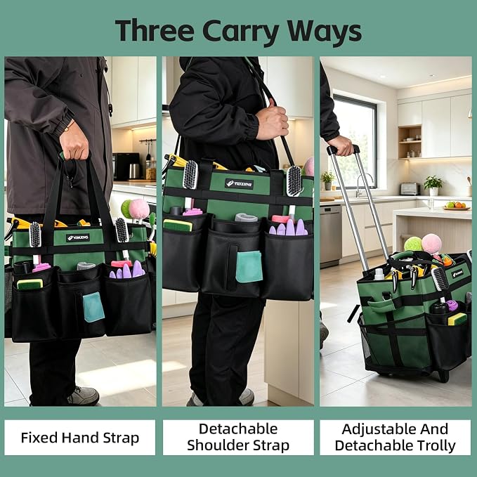 Large Rolling Cleaning Caddy Bag with Wheels, Cleaning Bag with Detachable Trolley, Cleaning Bags on Wheels for Housekeepers, Cleaning Cart Supplies Organizer for Home, Car, Picnic (Green)
