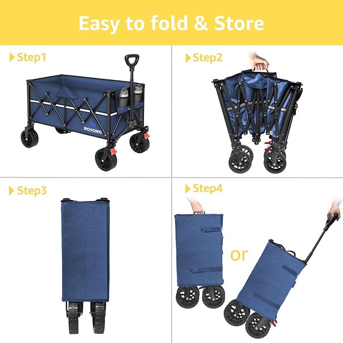 ROSONG Collapsible Wagon Cart with Wheels Foldable - Folding Utility Heavy Duty Wagons Carts for Grocery Sports Garden Shopping Camping Wheelbarrows (Navy Blue, 150L)