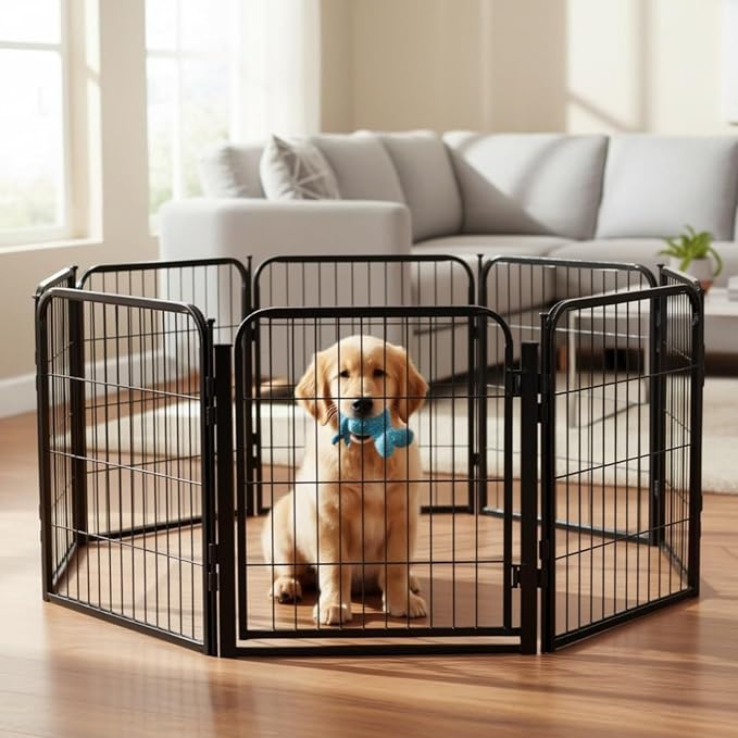 Dog Play Pen for Indoor Use - 32'', 20 Panels for Small and Medium Size Dogs - Metal Heavy Duty Pet Fence with Anti-Slip Feet - Portable Black Playpen Kennel for House or Garage