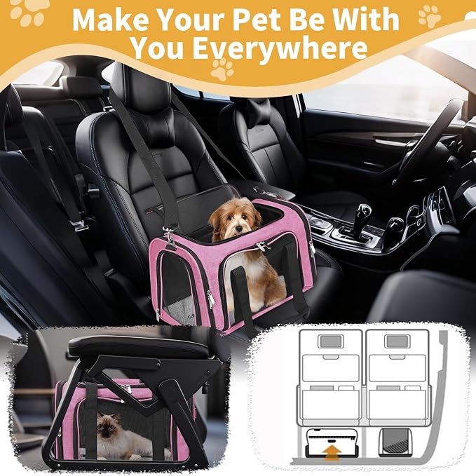 Soft-Sided Cat/Dog/Pet Carrier, Collapsible Pets Travel Carriers | For Big Cats/Small Dogs with Shoulder Strap & Removable Mat, Mesh Puppy Carry Bag, Up to 25 Lbs, TSA Airline Approved (Pink)