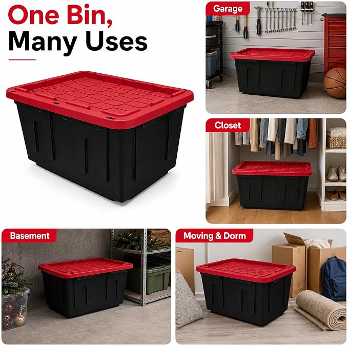 27 Gallon Storage Bins with Lids, Heavy Duty Plastic Stackable Totes, 4-Pk | High-impact polypropylene construction resists dents and stains. Features lockable lid channels and integrated grip handles.
