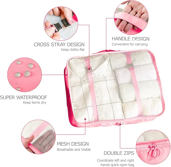 LANSKLBD 6/8 Set Packing Cubes for Suitcases Travel Luggage Packing Organizers,Travel Accessories Essentials Luggage Organizer with Shoe/Tioletry/Laundry Bag (Pink, 8 set)