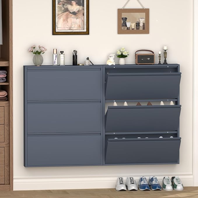 GREATMEET Shoe Cabinet with 3 Flip Drawers, Slim Metal Shoe Cabinet Storage for Entryway, Hidden Narrow Shoe Rack Organizer Cabinets Wall Mount for Living Room, Bedroom, Hallway, Blue