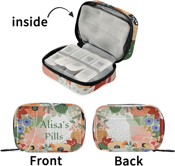Custom Pill Box 7 Day Pill Case Bag Cactus Flowers Personalized Name Travel Pill Organizer Bag with Zipper Portable Weekly Case Compact Size for Vitamin Supplement Holder