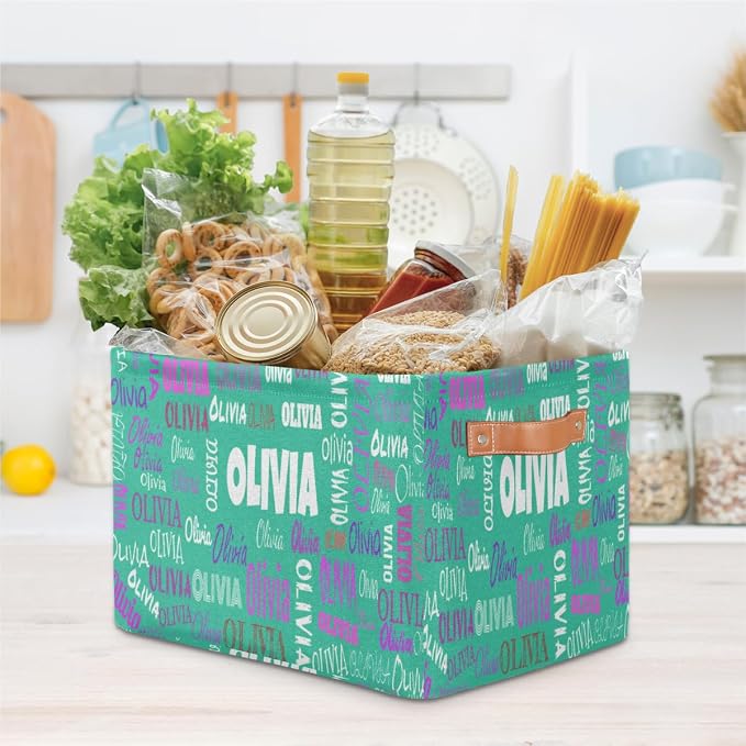 Personalized Name Storage Bins Basket Boxes, Light Sea Green Color | Organizing Boys Girls Pets Toys Closet Shelf Clothes Books