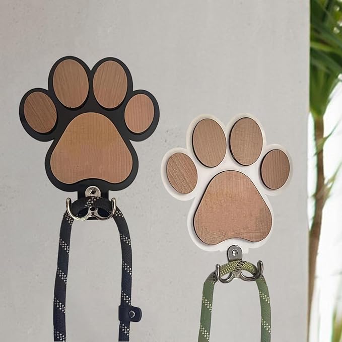 2 Pieces Dog Leash Holder Wall Mount Organizer Wooden Double Hooks Pet Collars Hanger Paw Print Key Rack Suitable for Pet Owners Entryway Room