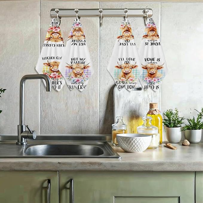 4 Pcs Funny Cow Kitchen Towels, Highland cattle Flower Decorative Absorbent Microfiber Dish Cloth Tea Towel, Plaid Waffle Soft Hand Towels for Farmhouse Home Bathroom Kitchen Decor, Cow Gifts