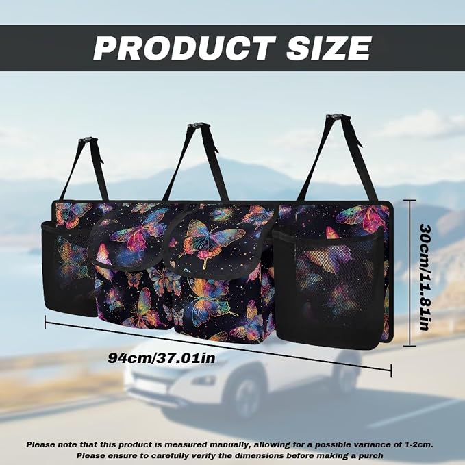Dreaweet Butterfly Print Trunk Hanging Organizer Backseat Bag Car Interior Accessories with 2 Pockets & 2 Mesh Pouches for Groceries Universal Car Trunk Storage Organizer for SUV Truck Minivan