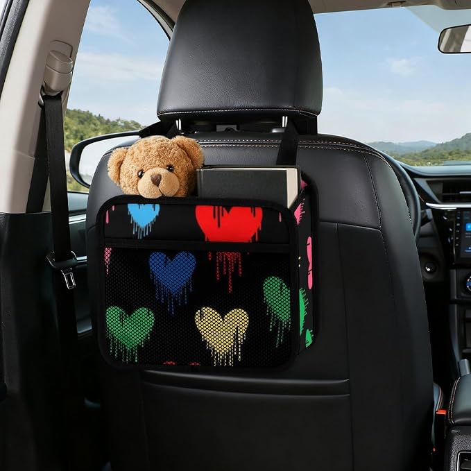 Travel Organizer Pouch for Car Backseat Hanging Storage Pocket, Colorful | Love Heart Graffiti, Auto Trash Can with Adjustable Strap Interior Accessories, Universal Fit Front Back Headrest
