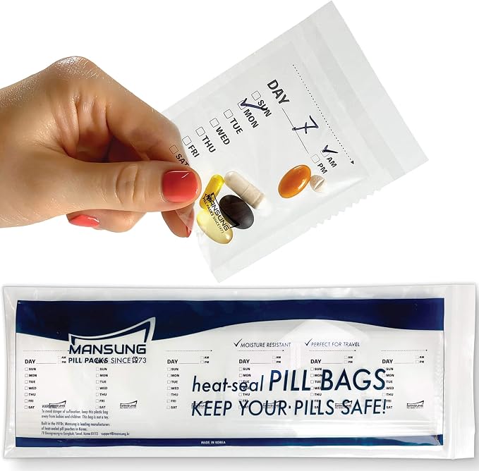 Mansung M 600 Bags/Week, Heat Seal Pill Bag pouche Pack Sealed for Medicine Funnel Tray Loading AM PM Organizer Dispenser kit Daily Sealing Filler Vitamin sorter envelopes Machine Blister Packs