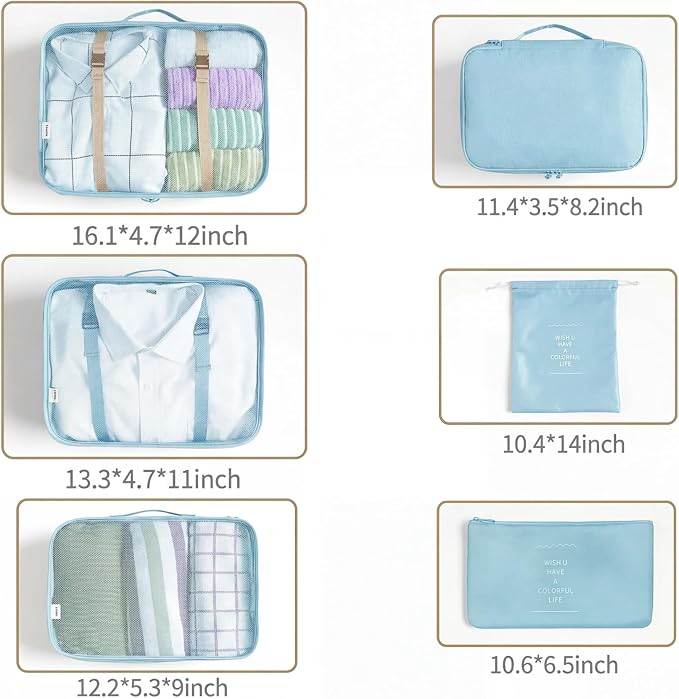 LANSKLBD 6/8 Set Packing Cubes for Suitcases Travel Luggage Packing Organizers,Travel Accessories Essentials Luggage Organizer with Shoe/Tioletry/Laundry Bag (Light Blue, 6 set)