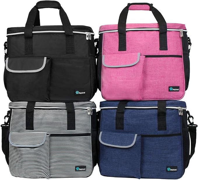 PetAmi Dog Travel Bag Organizer, Pet Supplies Tote, Stripe Black Large | Pet Travel Kit with 2 Food Containers & 2 Collapsible Dog Bowls, Luggage Sleeve, Weekend Getaway Road Trip Camping Essentials