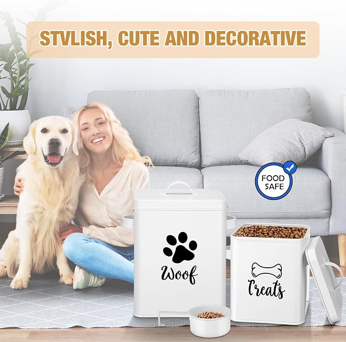 Teenyyou 2 Pcs Metal Dog Treat Containers with Airtight Lids and Spoon 7+3 Lbs Dog Food Snack Jars with DIY Labels Big Pet Cookie Storage Jar for Kitchen Counter (White)
