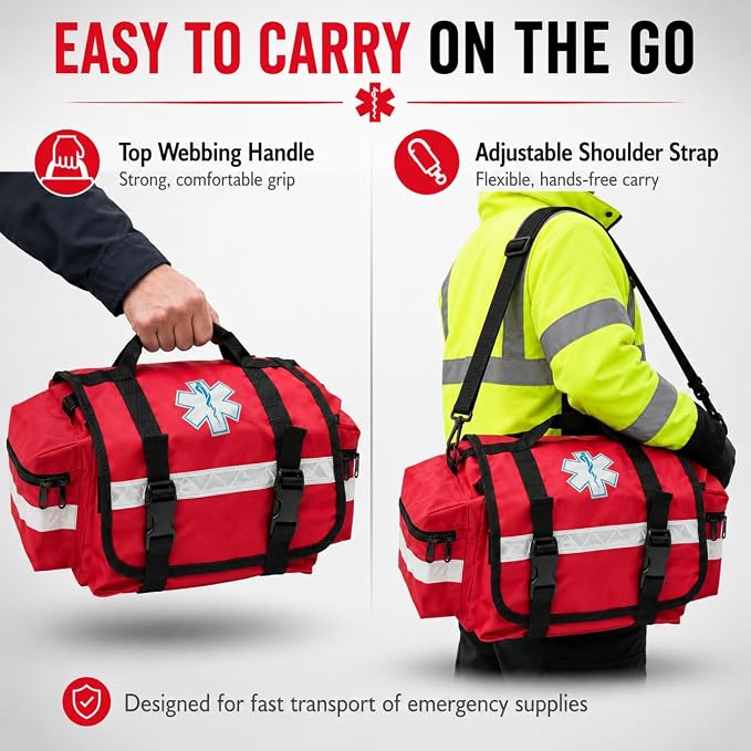 NOVAMEDIC NM-RO63P Professional First Responder Bag, 17” x 9” x 7” Empty EMT Trauma Kit Carrier with Removable Dividers, Reflective Strips, Water-Resistant Base for Emergency Medical Supplies (Red)