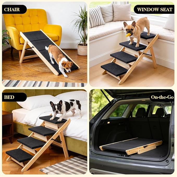 BRIKY 2-in-1 Dog Stairs/Ramp with 4 Steps | Foldable Dog Stairs for High Beds Cars Couch, Durable Wooden Pet Stairs for Small Medium Large Dogs, No Assembly Required