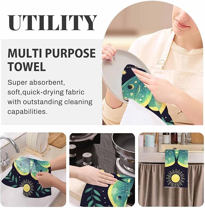 Green Moon Moth Kitchen Towels Set of 2 Mystical Magical Astrology Butterfly Boho Celestial Dish Towels Absorbent Soft Hand Tea Bar Towels for Farmhouse Home Decor 16"X24"