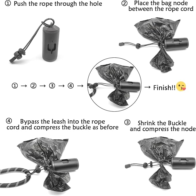 YUCHIYA Aluminum Dog Poop Bags Holder with Carabiner Metal Pet Waste Bags Dispenser with Hook and Loop Fastener and Elastic Cord to Carry Used Bags (Black, 1 Holder 15 Bags)