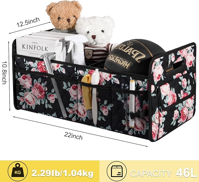 Car Trunk Organizer for SUV, Collapsible Car Storage Organizer Black Floral | Sturdy, Large Capacity, Diamond Decor, Multi Compartment Container Box Adjustable Car Accessories for Sedan Truck