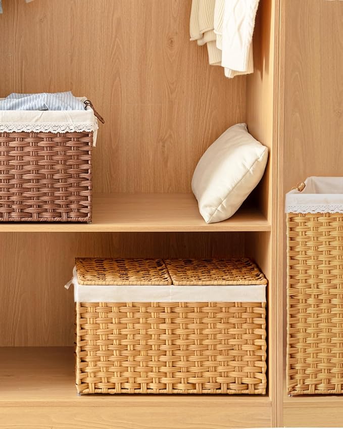 SETVSON Storage Basket with Lid Rattan Woven Storage Baskets with 2 Separate Lids, 17.2 Gallon (65 L), 22 x 13 x 13.8 Inches,Foldable, 2 Removable Liner Bags Handles for Bedroom, Laundry Room Natural
