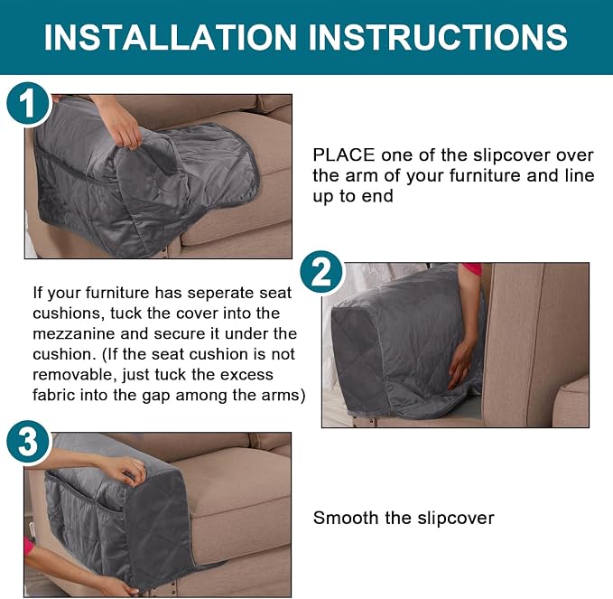 Velvet Quilted Armrest Covers - Water-Resistant Sofa Arm Protectors Set of 2 with Side Pocket Organizer, Non-Slip Furniture Covers for Chairs & Couches (Gray)