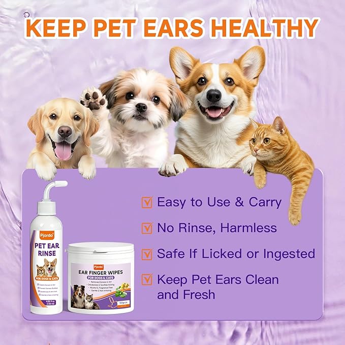 Pjordo Pet Ear Cleaner Kit - Dog Ear Cleaner with Aloe Vera & Witch Hazel, Dog & Cat Ear Cleaner Solution for Soothing Ear Itching & Deodorize, Ear Wipes for Dogs & Cat Gently Removing Ear Wax & Dirt