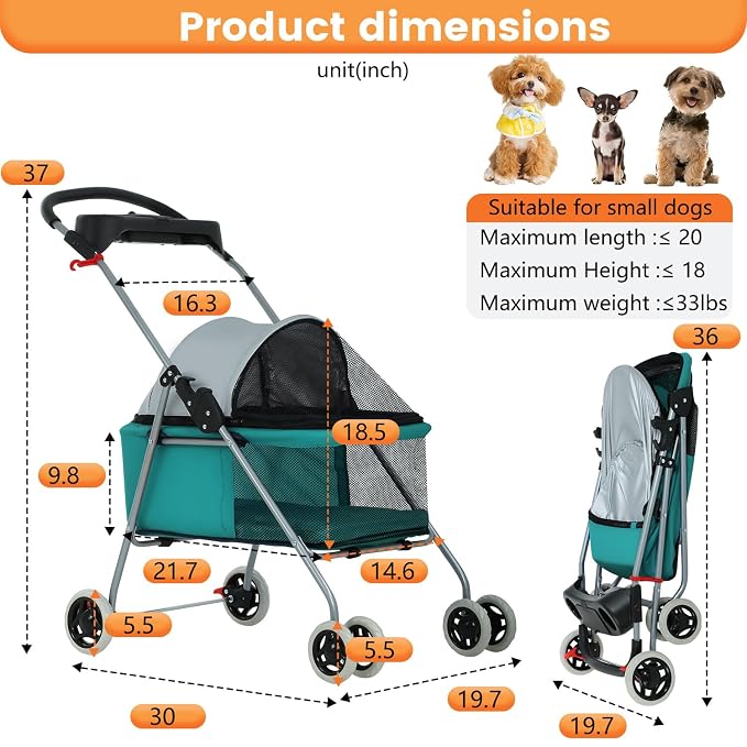 BestPet Foldable Pet Stroller for Small/Medium Dogs and Cats Up to 33 lbs | 4-Wheel Stroller Pet Strolling Cart w/ Breathable Mesh, Lockable Rear Wheels, Cup Holder/Tray & Storage Box, Teal
