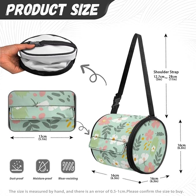 Green Leaf Floral Paper Towel Holder Water Resistant Tissue Dispenser with Adjustable Strap, Collapsible Zippered Cylinder Hanging Toilet Paper Roll Holder