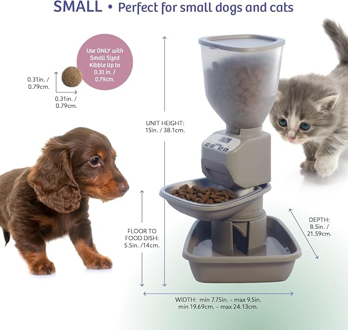 Feeding Friend® Automatic Dog & Cat Food Feeder with Water Dispenser, Portion Control, OLED Display, Anti-Jam Design, Battery Operated, for Pets 4–15 lb, Taupe