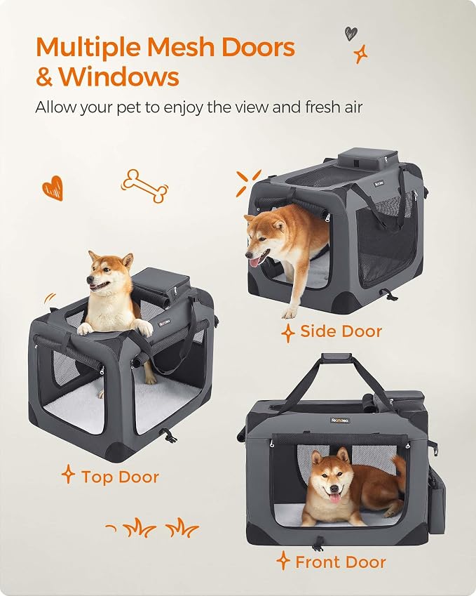Feandrea Collapsible Soft Dog Crate, Portable Travel, 28 Inches | Dog Carrier Kennel with Safety Zippers for Living Room, Car, Travelling, Gray UPDC70GY