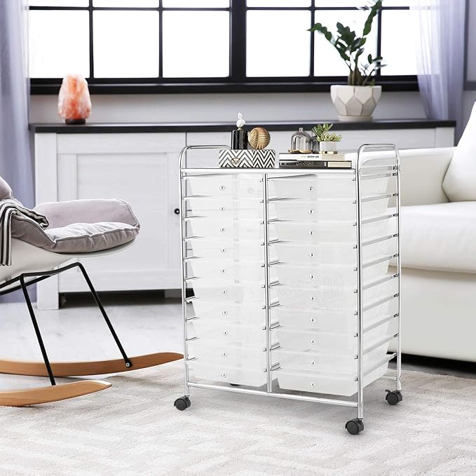 20 Drawer Rolling Storage Cart, Art Cart Organizer with Wheels for Makeup, Tool, Paper, Multipurpose Craft Storage Cart with Drawers for Office, Home, Classroom, Teacher, School (Clear)
