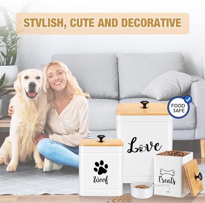 Jingmore Metal Dog Treat Containers Set of 3 with Bamboo Lids and Spoon Airtight 7+3+2 lbs Dog Food Snack Jars with DIY Labels Big Pet Cookie Storage Jar for Kitchen Counter(White,Modern)