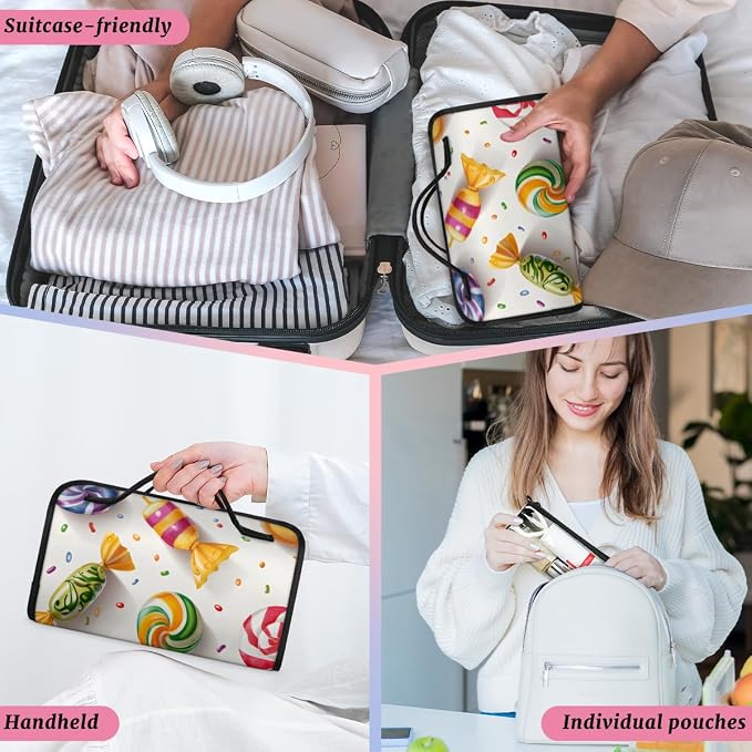 Candy Makeup Bag for Women Hanging Roll-Up Travel Organizer Toiletry Kit with 4 Removable Compartments, Colorful Candy