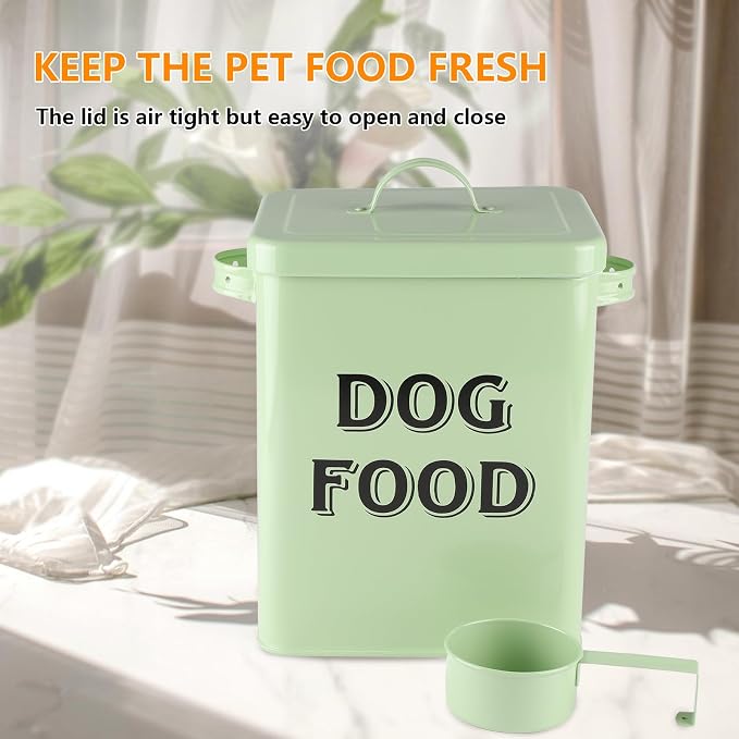 Morezi Metal Dog Food Storage Container Airtight Pet Food Treat Bin 6 lbs | Vintage Durable Canister Dog Treats Tin with Lid& Scoop for Kitchen Countertop, Shelf, Great Gift for Pet Owners(Green)
