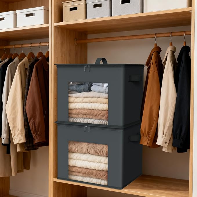 Zilink Fabric Organizer Bins with Lids Cloth Storage Bins, Dark Grey, 4Pack | Stackable, Smooth Zipper, Clear Window, Collapsible Closet Organizer Storage Bins for Home, Office, Bedroom