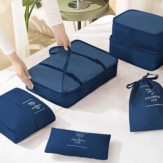 KPX 8 Set Packing Cubes for Travel, Luggage Packing Organizers Accessories Large Toiletries Bag for Clothes Shoes Cosmetics (Navy Blue)
